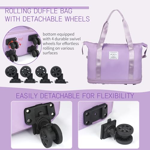 Image of VOOWO Rolling Duffle Bag with Wheels, Expandable Foldable Duffle Bag for Travel, Large Weekend Bag, Purple