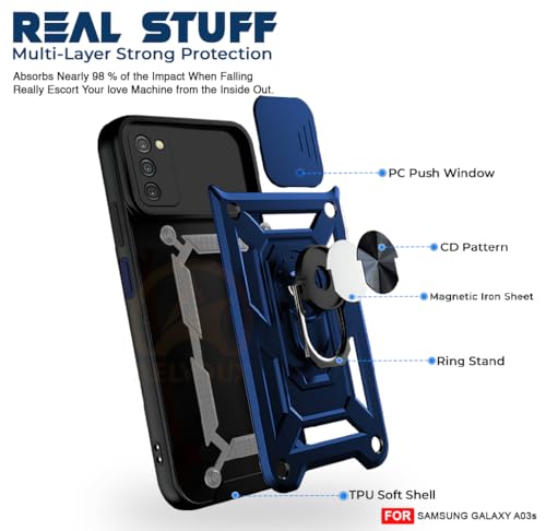 Image of Armor Bumper Back Cover Case for Samsung Galaxy A03s | Rotating Camera Cover, Ring Holder & Kickstand | Heavy Duty & 360 Degree Protection Samsung Galaxy A03s Back Cover (Blue)