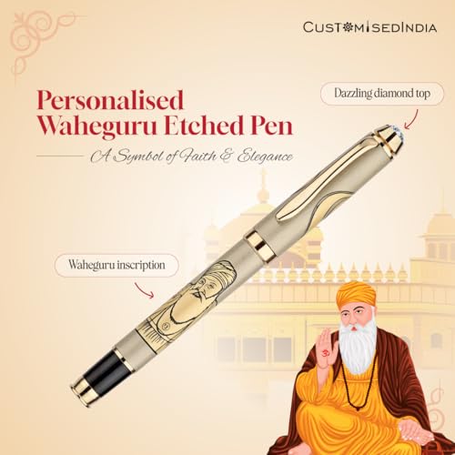 Image of Guru Nanak Dev ji Etched Pen | Onkar and Khanda Sword Inscribed Pen for Gfiting Stylish Engraved Metal Pen, Gift for Office Use (Lord Waheguru) | Punjab and Sikh Divine Pen