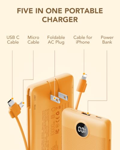 Portable Charger,VRURC Power Bank Built-in AC Wall Plug and Cables | USB C Power Bank 10000mAh, Travel Phone Charger Compact External Battery Pack For Smart Phones, Tablets etc-Orange - image 3