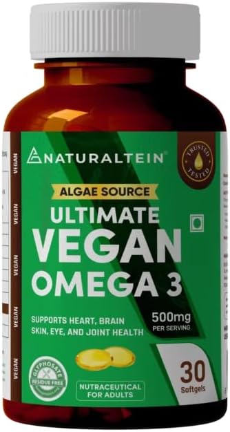 Naturaltein Ultimate Vegan Omega 3 (30 Softgels) | Algae Source DHA | 1000 mg Algae Oil & 500 mg DHA Per Serving | Plant-Based Omega 3 | Tested for Heavy Metals