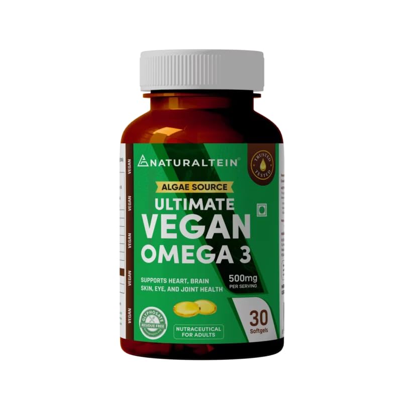 Naturaltein Ultimate Vegan Omega 3 (30 Softgels) | Algae Source DHA | 1000 mg Algae Oil & 500 mg DHA Per Serving | Plant-Based Omega 3 | Tested for Heavy Metals