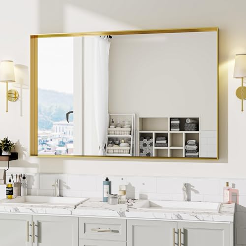 BEAUTYPEAK Bathroom Mirror 30" X 48" inch, Modern Deep Framed Mirror, Rectangular Wall Mounted Vanity Mirror for Bathroom, Bedroom, Living Room, Hangs Horizontally or Vertically, Gold by BEAUTYPEAK - Used condition - CA$93.45
