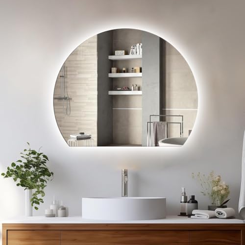 Aenmezen Nowoczesne półokrągłe lustro ścienne z podświetleniem LED, z przełącznikiem dotykowym, 3 kolory, regulowana jasność, bez ramy, 90 x 80 cm