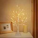Christmas Tree Topper Bows, 2FT 24 LED Birch Tree with Lights, Flexible Branches and Timer, Warm White Lighted White Tree, Tabletop Christmas Tree for Home Christmas Halloween Party Decorations