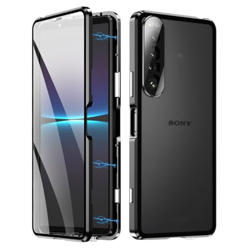 QUIETIP Case for Sony Xperia 1 IV,Magnetic Metal Frame Clear Tempered Glass PC Matte Back Cover,Black