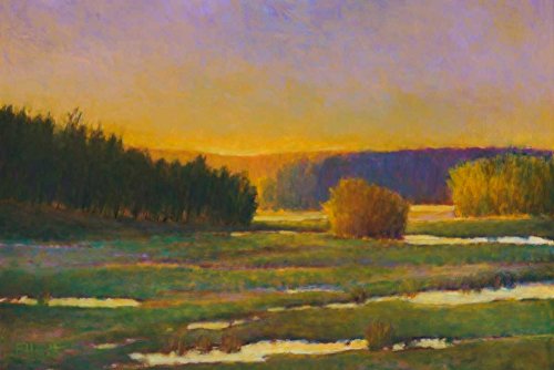 Toile encadrée paysage abstrait vert or 77x115 cm : affiche sur châssis de salon