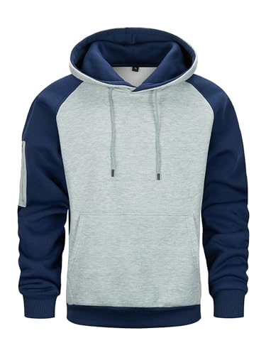 Wirltte Men's Hoodie Pullover Long Sleeve Hooded Sweatshirt Patchwork Top Work Hoodies with Kangaroo Pocket Navy XL