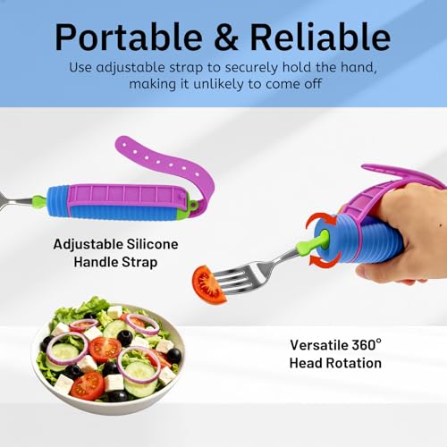3 Pcs Adaptive Utensils for Disability, 360°Gadgets Swivel Fork Spoon with Adjustable Silicone Strap for Weak Hand Grip & Handicapped & Parkinsons Travel Eating Utensils for Disabled, Elderly - Image 5