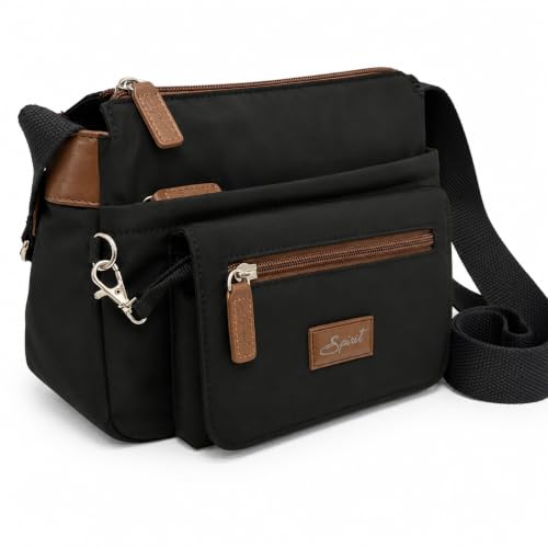 Image of Spirit - Splash Resistant Crossbody Bag - Unisex Lightweight Travel Bag with Multiple Pockets and Adjustable Shoulder Strap for Comfort - 24.5cm W x 19.5cm H x 10cm D - Black & Tan