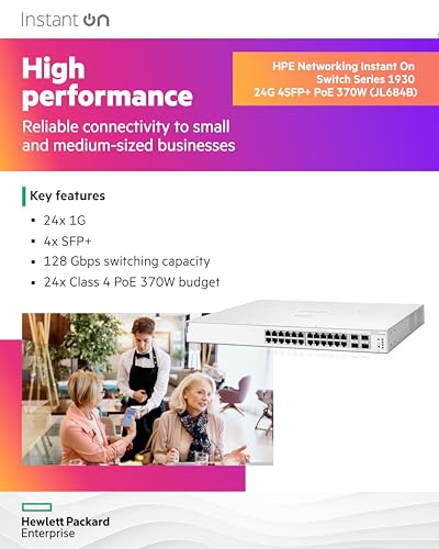 HPE Aruba Networking Aruba Instant On 1930 24G Class4 PoE 4SFP/SFP+ 370W Gestito L2+ Gigabit Ethernet [10/100/1000] Supporto Power over Ethernet [PoE] 1U Bianco (HPE Networking Instant On 1930 24G Cl