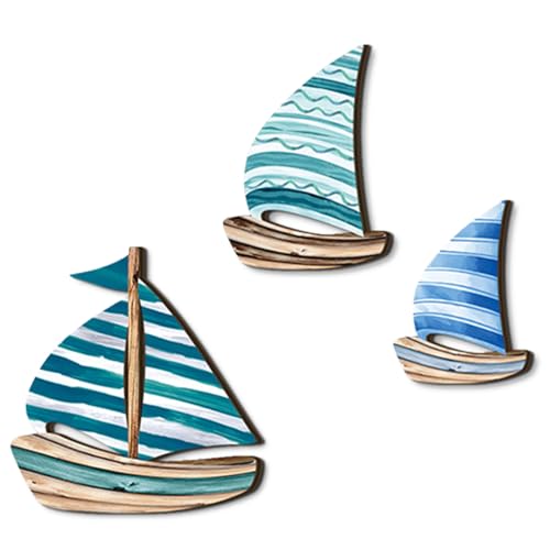 CVASNF 3 Stück Segelboot Deko, Maritime Wanddeko Segelschiff Deko Maritim Maritimer Stil Holzoptik Stranddekorationen Küstenmotiv Strand-Möwendekor...