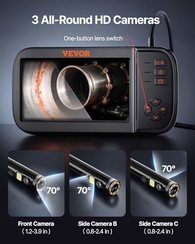 Image of VEVOR 3 Lens Industrial Endoscope, 1080P HD Digital Borescope Inspection Camera 4.5 Inch IPS Screen IP67 Waterproof Snake Camera with 8 LED Lights, 16.5FT Semi-Rigid Cable, 32GB Card and Helpful Tool