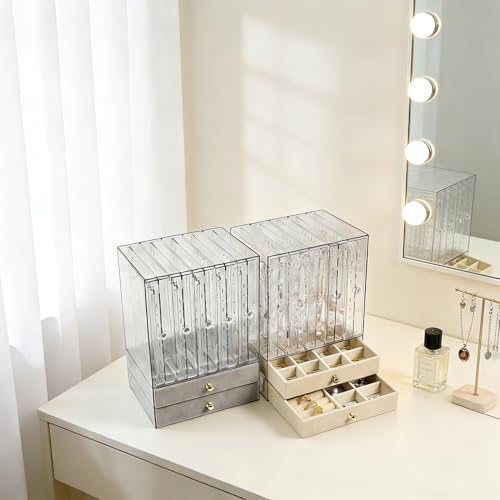 Greenfeather Jewelry Organizer with 7 Removable Drawers, Clear Acrylic Jewelry Box with 40 Necklace Hooks, 120 Pairs of Earring Holes, 2 Velvet-Lined Drawers for Rings, Necklaces, Earrings
