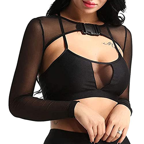 Rave Tops for Women Sheer Mesh Long Sleeve Crop Top See Through Cover Ups with Buckle3
