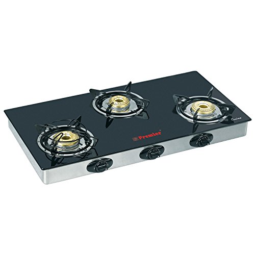 Premier CUCINA Trendy Black Glass Top LPG Stove 3BURNER Manual C3X- (L x B x H) 65 x 40 x 10, White)