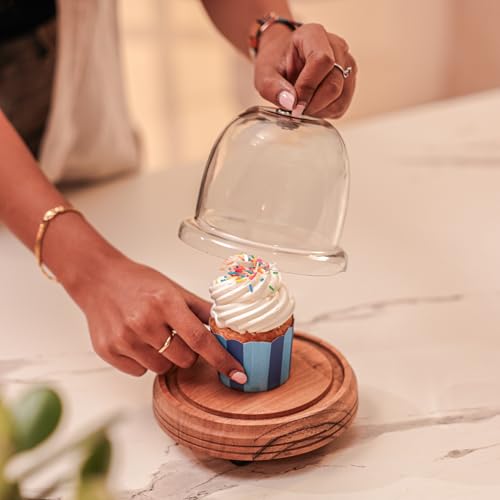 Image of Candy Glow Acacia Wood Cake Stand with Glass Dome - Wooden Cake Display Stand with Glass Cloche, Dessert & Cupcake Stand for Birthday & Celebrations