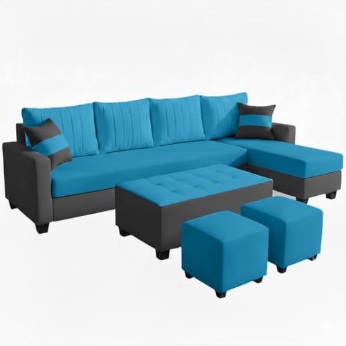Image of FURNY Avenue 8 Seater Fabric RHS L Shape Sofa Set with 1 Centre Table & 2 Puffy (Aqua Blue-Dark Grey) Premium Velvet Finish