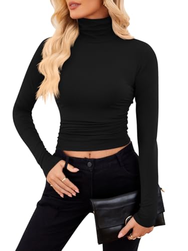 ZIIFULLHOU Womens Turtleneck Long Sleeve Shirts Slim Fit Thermal T-Shirt Soft Base Layer Tops Black