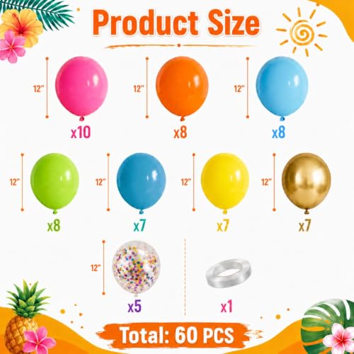 Image of Tropical Balloons, 60Pcs Summer Balloon Hot Pink Orange Teal Blue Yellow Green Gold Colorful Balloons with Rainbow Confetti Balloon for Hawaiian Aloha Luau Pool Birthday Beach Party Decorations