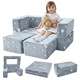 MeMoreCool Modular Kids Play Couch Sofa – Glow-in-the-Dark Star Design, Fold-Out Toddler Couch for Playroom Furniture, Grey