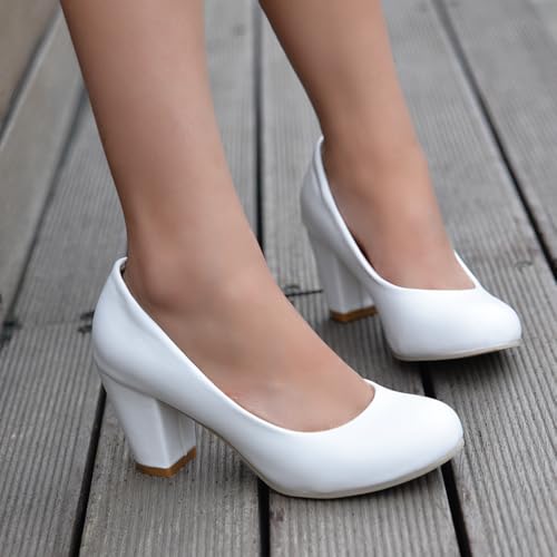 Women Chunky Block High Heels Wide Width Leather Round Toe Slip-on Pumps Wedding Party Dress 2.76 Inches Heels Shoes4