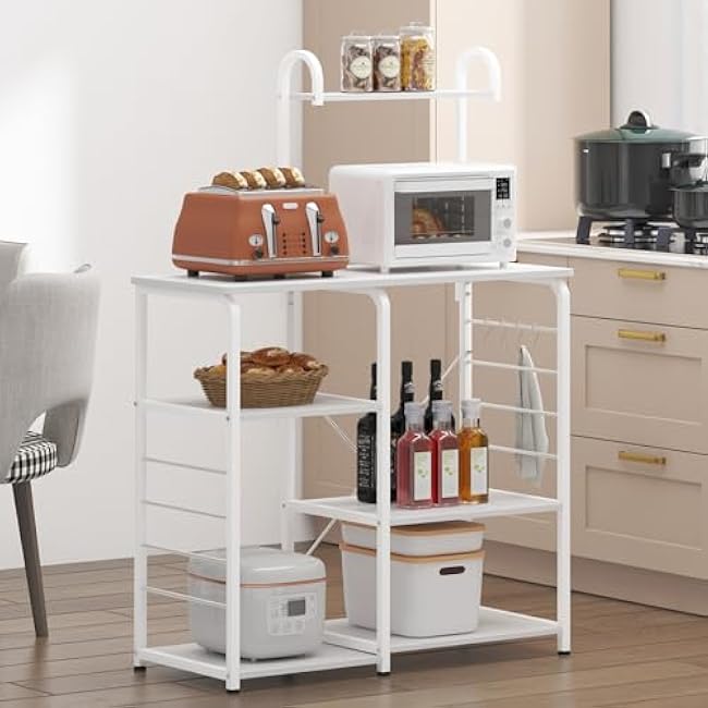 DlandHome Microwave Stand Kitchen Cart, Microwave Cart Stand 35.4 inches, Kitchen Utility Storage 3-Tierx4-Tier for Baker and Rack and Spice Rack Organizer Workstation Shelf,White-n0VHUrvc