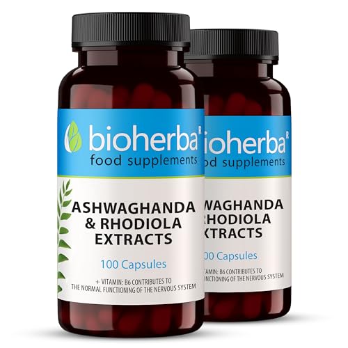 Ashwagandha y Rhodiola – 200 Cápsulas Alta Potencia | Suplemento adaptógeno con vitaminas B2, B5 y B6 para el equilibrio y bienestar diario | Bioherba