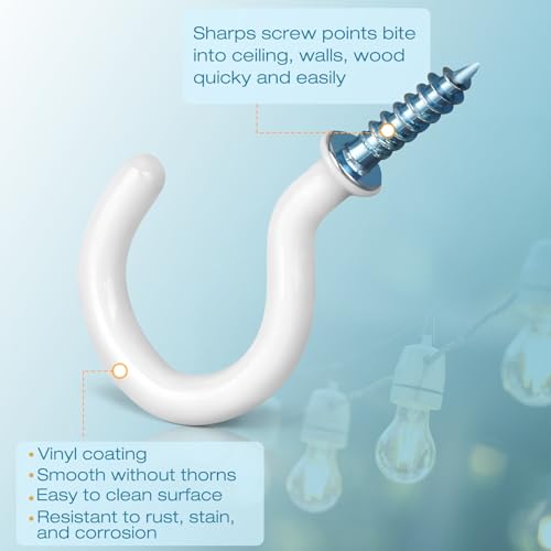110pcs premium screw hooks 5 sizes white vinyl coated cup hook from12 in small hooks to 1-12 in ceiling hooks heavy duty screw in hooks for hanging plants string lights