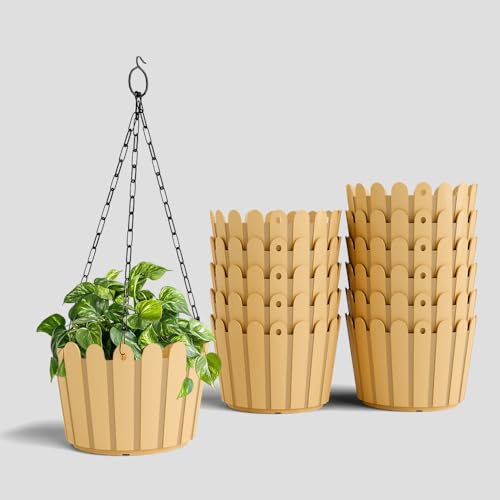 Image of YUCCABE ITALIA SHERA Hanging Fence 8 INCH Planter Pot Plastic Flower Hanging Pots for Home Decoration Sutiable for Indoor and Outdoor (Beige, Pack of 12)