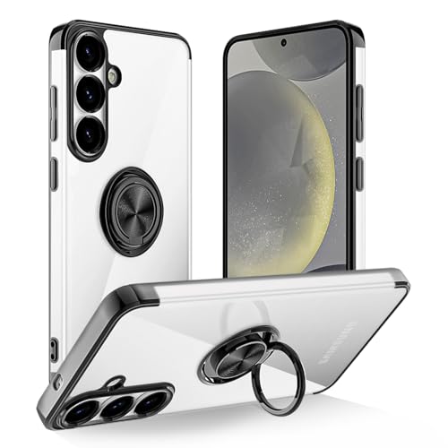 Coque Samsung S25 transparente noire avec anneau de support magnétique en TPU