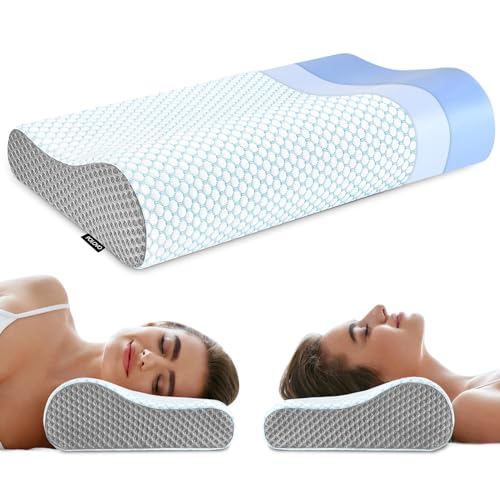 Memory Foam Pillows Neck Pillow Bed Pillow for Sleeping, Ergonomic Cervical Pillow for Neck and Shoulder Pain Relief,Orthopedic Contour Pillow for Side Back Stomach Sleeper(Blue&Grey)