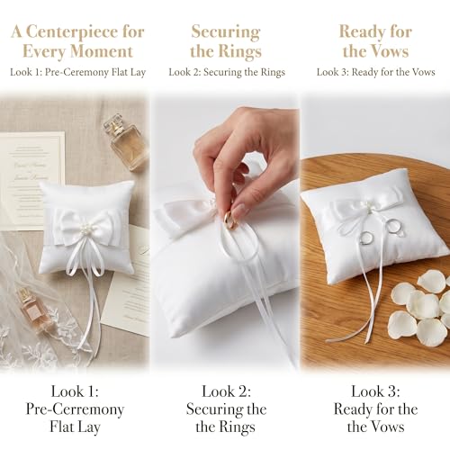 Image of Wedding Ring Bearer Pillow with Satin Bow, Pearl Detail White Ivory | Ivory satin fabric, pearl detail, classic bow, soft cushion, for wedding ceremony ring bearer