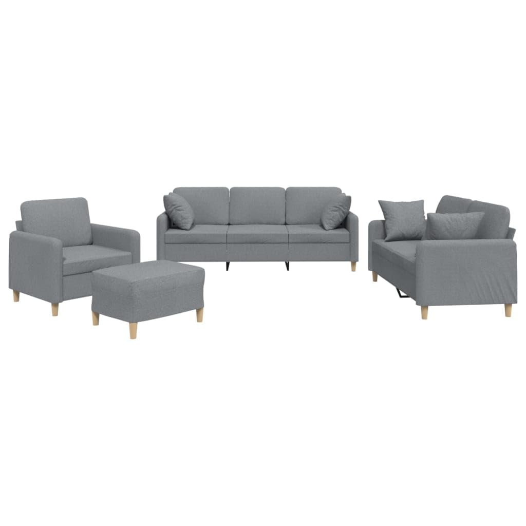 Conjunto de 4 piezas para salón, color gris claro, 198 x 77 x 80 cm, de tela, con sillón, 2 plazas, 3 plazas, taburete y cojín, moderno, resistente, para salón, hogar, oficina, balcón