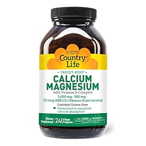 Country Life Target-Mins Calcium Magnesium with Vitamin D-Complex, 1000mg/500mg/10mcg, 240 Vegan Capsules, Certified Gluten Free, Certified Vegan, Verified Non-GMO Verified