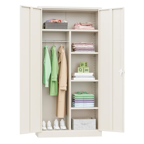 Image of INTERGREAT Metal Wardrobe Closet, 72 inch Locking Storage Wardrobe Cabinet with Doors and Shelves, 18 inch D x 36 inch W Steel Clothes Storage for Office, Home, School, Gym (Warm Grey)