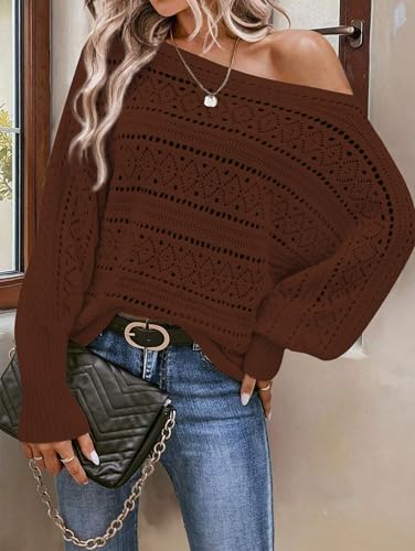 Image of Cakulo Womens Off Shoulder Sweater Top Fall Outfits Fashion 2025 Oversized Knit Batwing Long Sleeve Crochet Pullover Sweaters