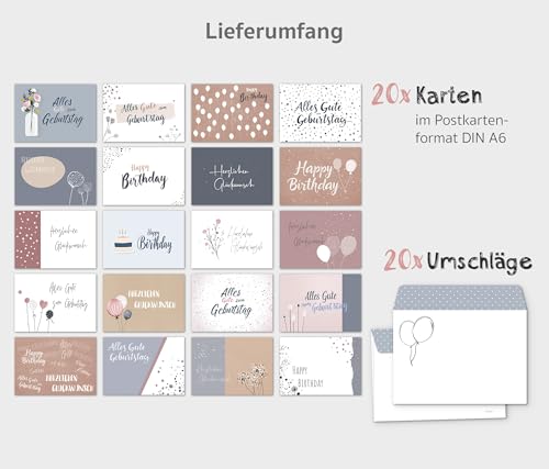 beriluDesign 20 Geburtstagskarten Set mit Umschlägen - Glückwunschkarten, Postkarten zum Geburtstag - Happy Birthday Karten - ideal als Grußkarte oder Gutschein (20 Karten + 20 Umschläge)