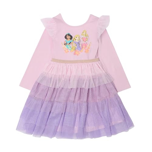 Disney Princess Dress Up to Play for Girls Long Sleeve Tutu & Sparkle Tulle Skirt, Jasmine Rapunzel & Aurora (Pink, 5)