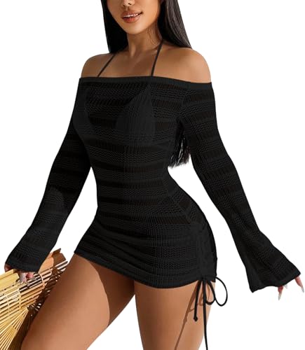 Summer Women's Sexy Mesh Hollow Out Off Shoulder Bathing Suit Coverups Long Bell Sleeve Ruched Drawstring Swimsuit