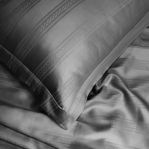 Image of Sassoon Artemis Italian Jacquard Weave Sateen Cotton Bedsheet - 400 TC, Cotton, Stripe Design, King Size (108 x 108 inches), Color: Pebble, Soft, Breathable, - 1 Bedsheet + 2 Pillow Covers