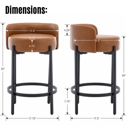 Image of LukeAlon Modern PU Leather Counter Height Stools Set of 4, Upholstered 26 inch Seat Height Barstools with Black Metal Legs Round Low Back Kitchen Stools with Footrest for Dining Room Small Places, Brown
