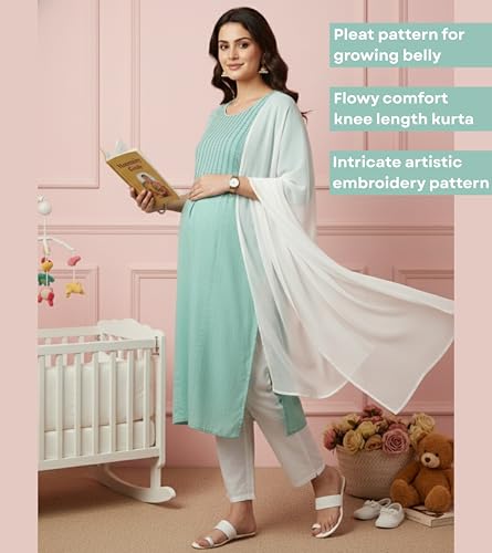 Image of DUMMY SHAPE Pregnancy Dresses for Women Cotton | Floral Maternity Kurta Pant Dupatta Set with Dual Nursing Zippers | Pre & Post Partum | Feeding Kurtis | Baby Shower | Gifts for Pregnant Woman