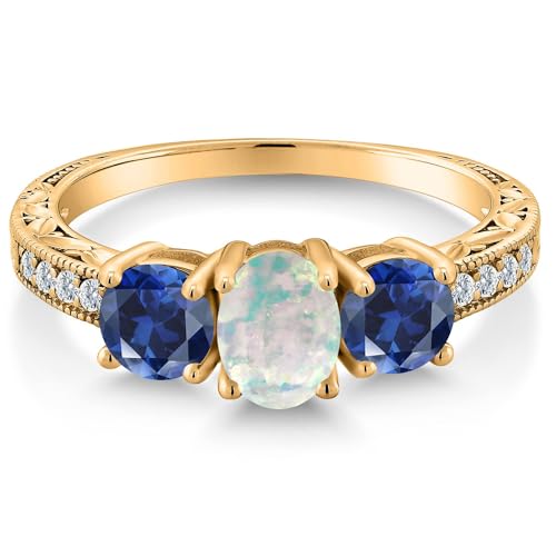 Gem Stone King 18K Yellow Gold Plated Silver Oval Cabochon White Simulated Opal Blue Created Sapphire Women Ring (2.32 Cttw, Available in size 5, 6, 7, 8, 9)3
