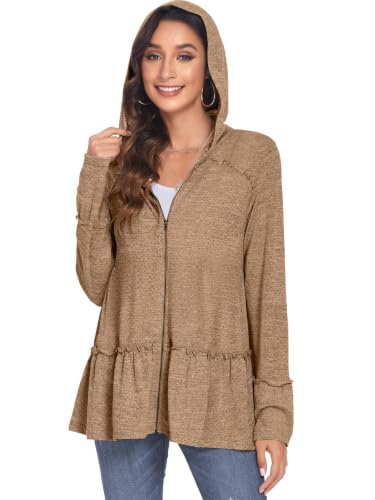 Image of DEESHA Plus Size Zip Up Hoodie for Curvy Women Spring Ruffle Hooded Sweatshirts Jacket Cardigans Lightweight