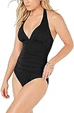 Pull-on styling LAUREN RALPH LAUREN Women\'s Tummy Control Halter One-Piece Swimsuit (Black, 16)