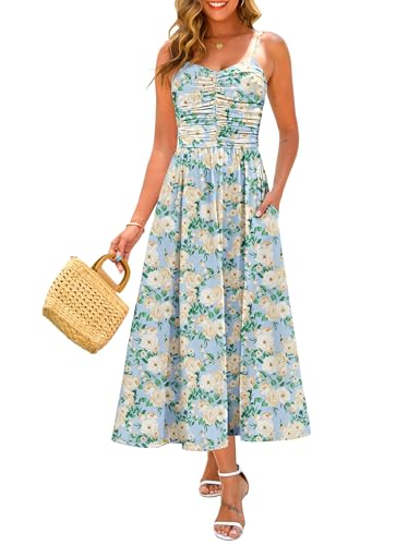 Image of Annebouti Women 2026 Summer Spring Ruched Maxi Dress Adjustable Spaghetti Strap Floral Beach Long Sundress with Pockets