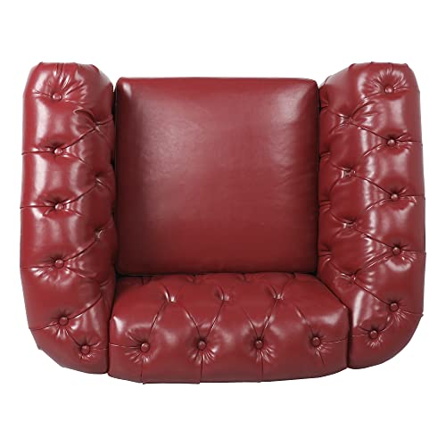 Image of LEVNARY Leather Upholstered Armchair, Mid-Century Modern Single Sofa Chair with Rolled Arms and Nailhead, Tufted Pu Leather Chesterfield Chair for Home Bedroom Reading Room (Wine Red)