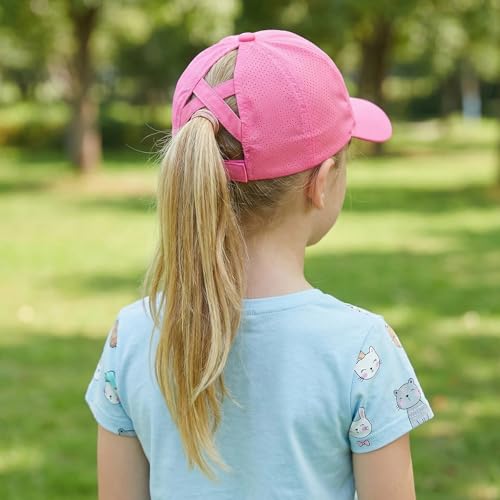 HTTDSLF Baseball Kappe Mädchen mit Pferdeschwanz, Schnell Trocknend, Netzstoff, Sportmütze für Kinder, Mädchen Baseballkappe Verstellbarer, Tennis Kappe Sonnenhut Visier, Basecap Schirmmütze (Rosa)