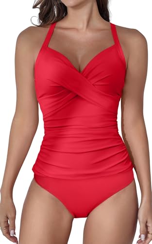 Image of B2prity Women's Tankini Swimsuits Tummy Control Ruched V Neck Bathing Suit